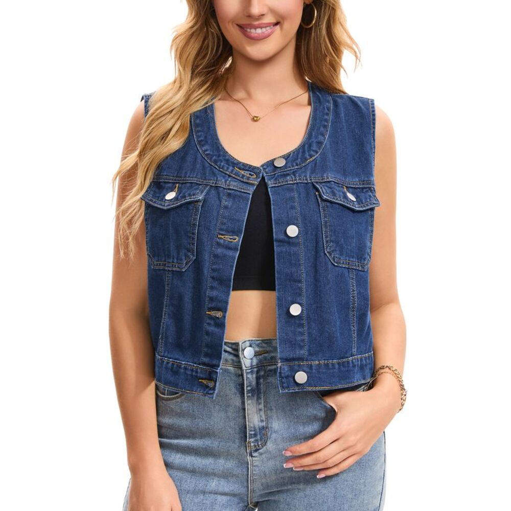 Women's Denim Vest Collarless Sleeveless Crop Jean Vests Jacket Dark Blue